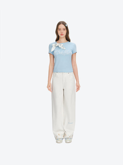 13DE MARZO Cross-Over Collar Button-Strap T-shirt Blue