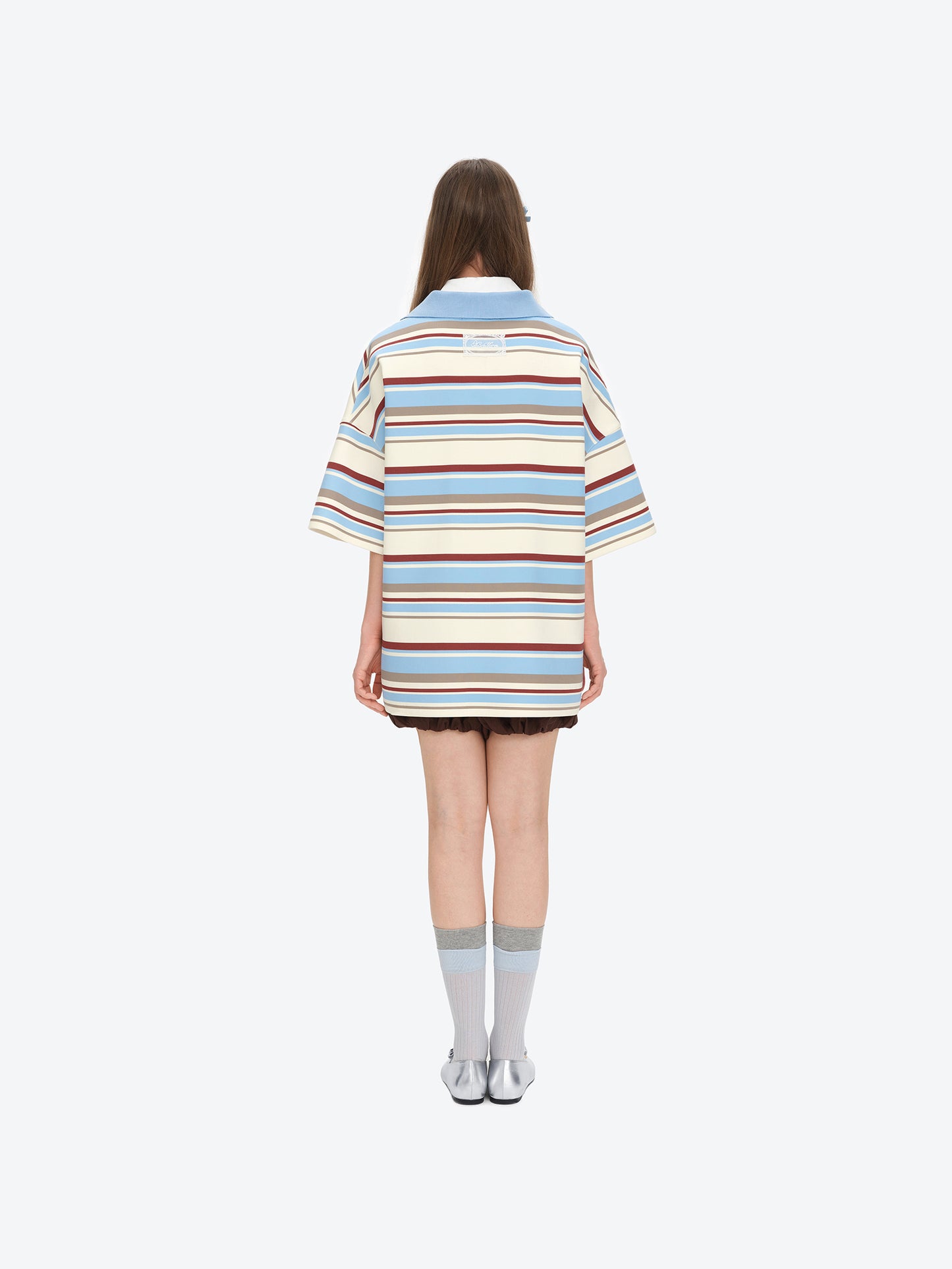 13DE MARZO V-Neck Polo Stripe T-shirt Blue
