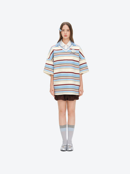 13DE MARZO V-Neck Polo Stripe T-shirt Blue