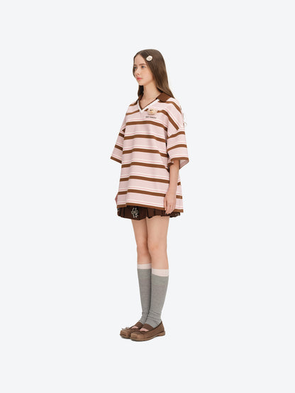 13DE MARZO V-Neck Polo Stripe T-shirt Pink