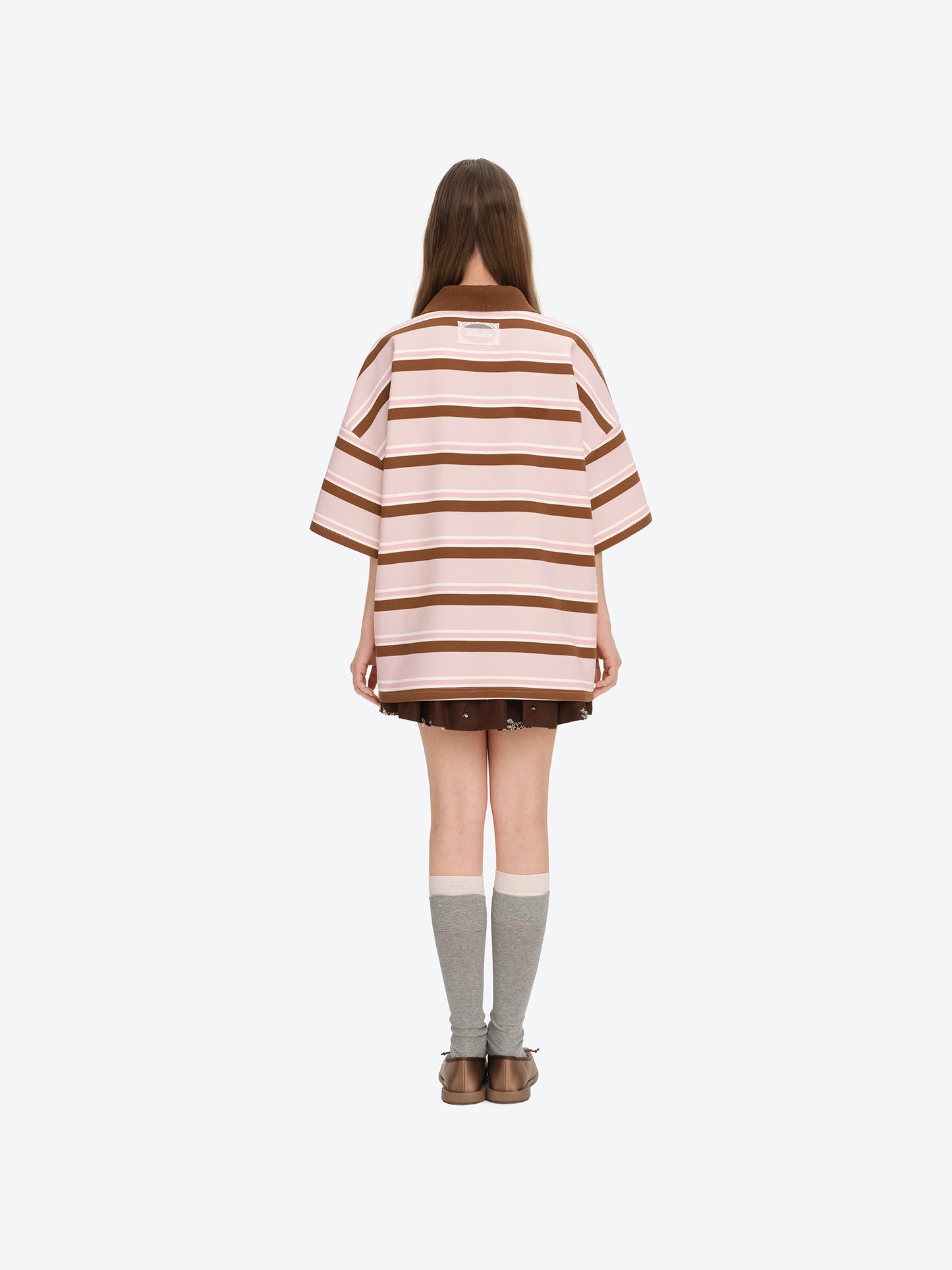 13DE MARZO V-Neck Polo Stripe T-shirt Pink