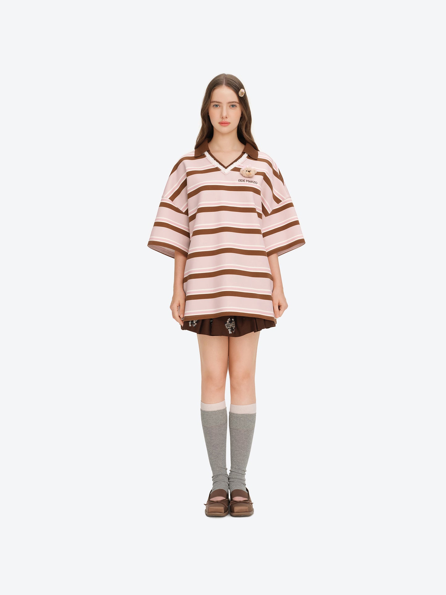13DE MARZO V-Neck Polo Stripe T-shirt Pink