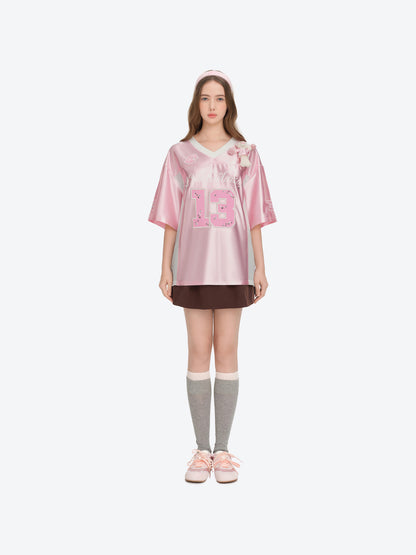 13DE MARZO Bear Cheerleader Satin Jersey T-shirt Pink - 13DE MARZO