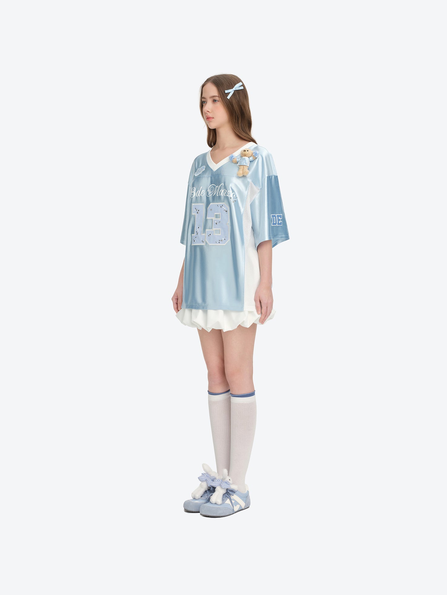 13DE MARZO Bear Cheerleader Satin Jersey T-shirt Blue - 13DE MARZO