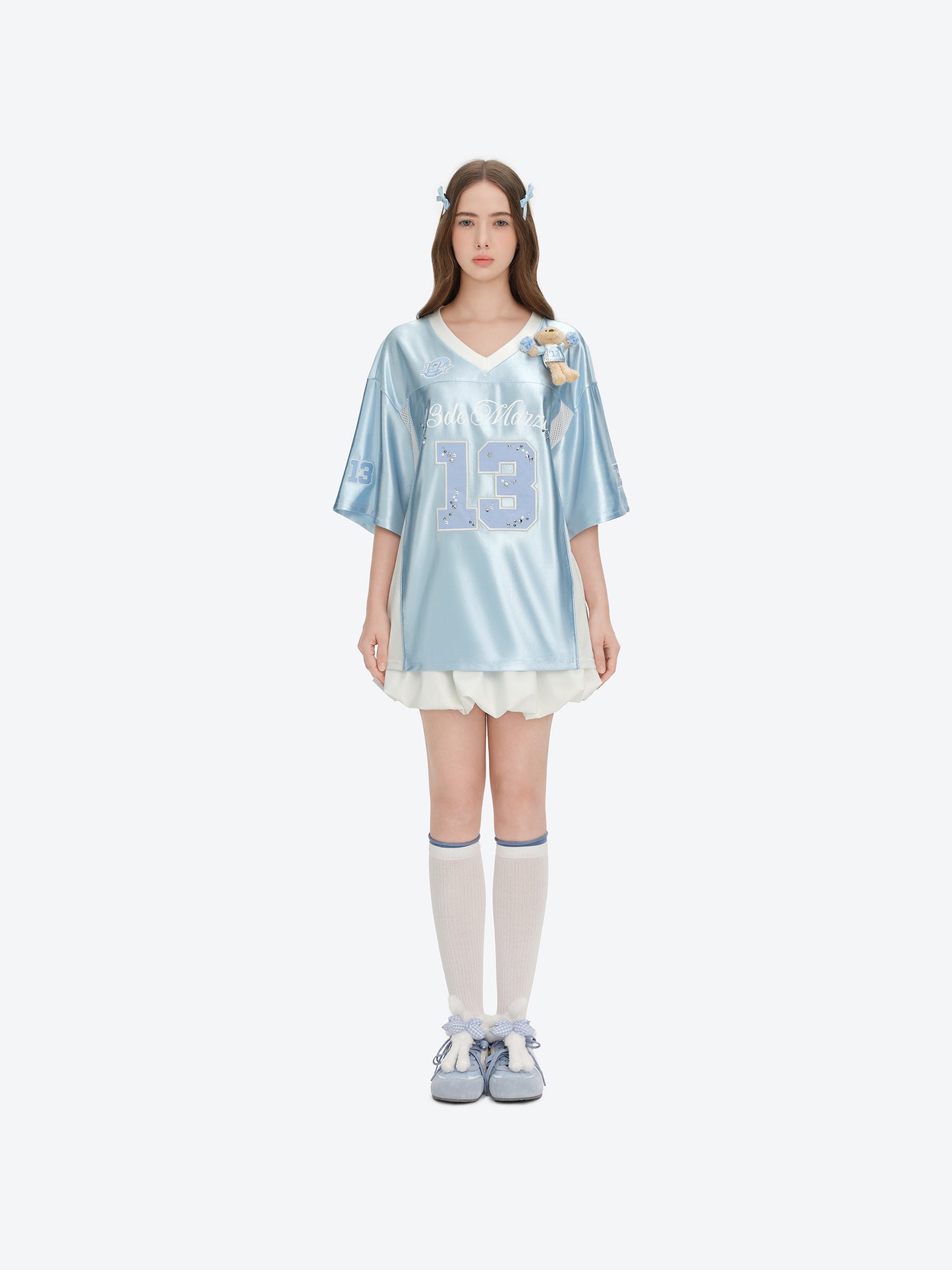 13DE MARZO Bear Cheerleader Satin Jersey T-shirt Blue - 13DE MARZO
