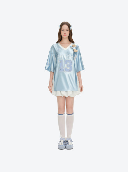 13DE MARZO Bear Cheerleader Satin Jersey T-shirt Blue - 13DE MARZO