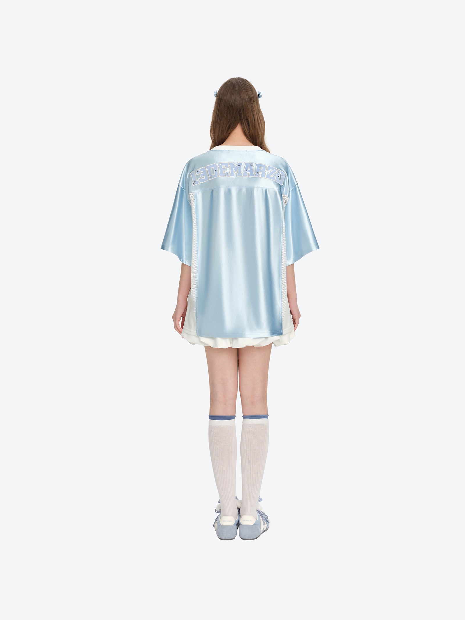13DE MARZO Bear Cheerleader Satin Jersey T-shirt Blue - 13DE MARZO