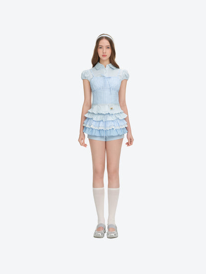 13DE MARZO Sleeveless Top with Puff Sleeve Shirt Blue - 13DE MARZO