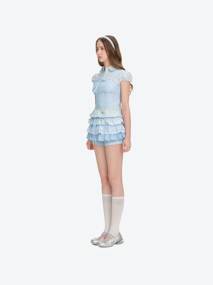 13DE MARZO Sleeveless Top with Puff Sleeve Shirt Blue - 13DE MARZO