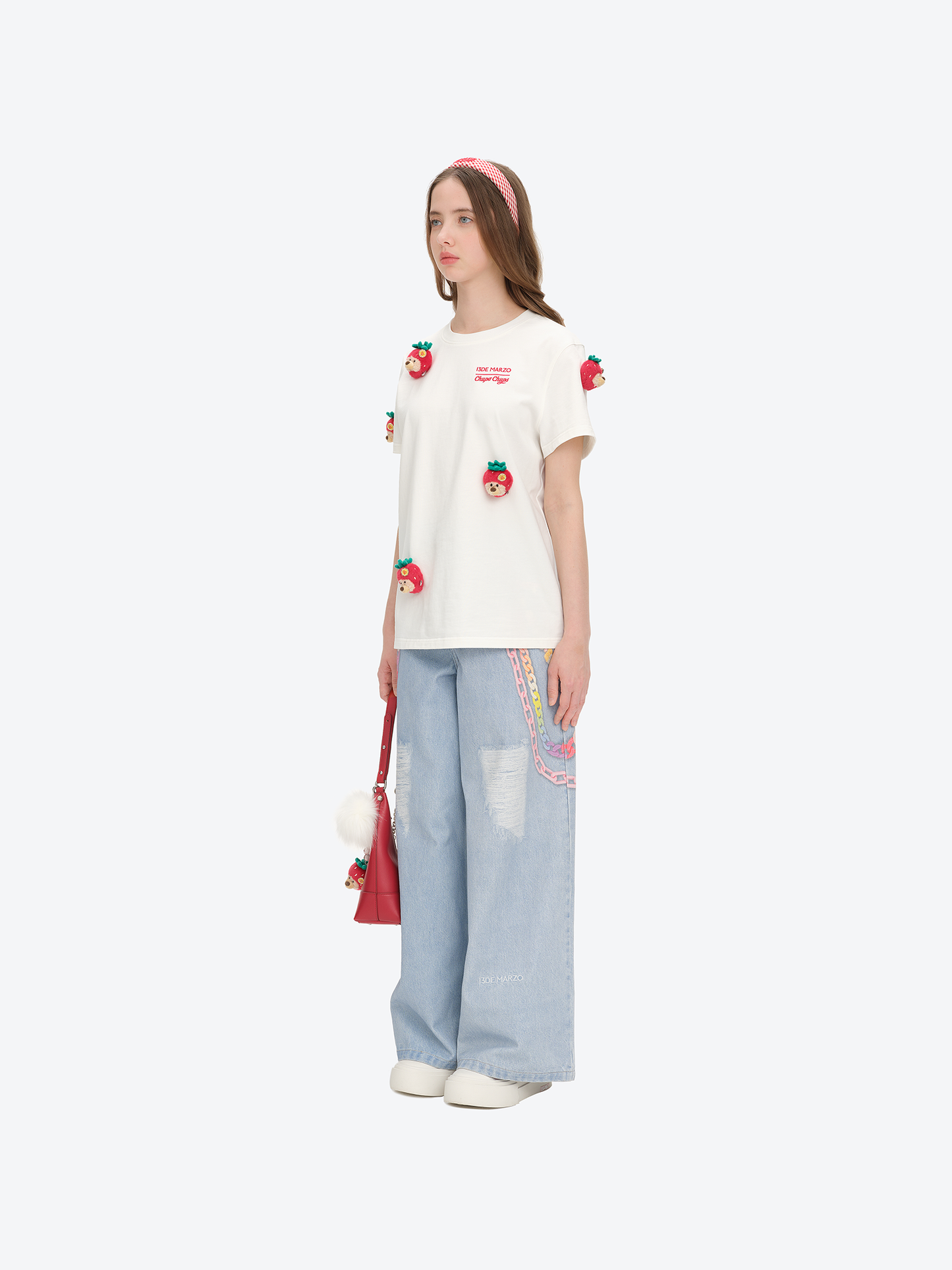 13DE MARZO Bear Print with Rhinestone T-shirt White - 13DE MARZO