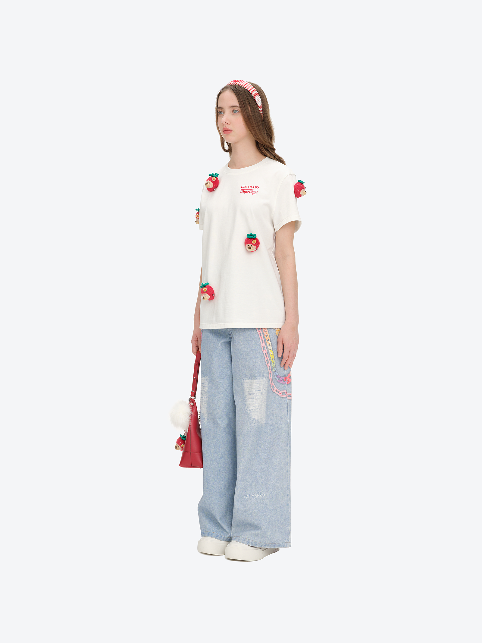 13DE MARZO Bear Print with Rhinestone T-shirt White - 13DE MARZO