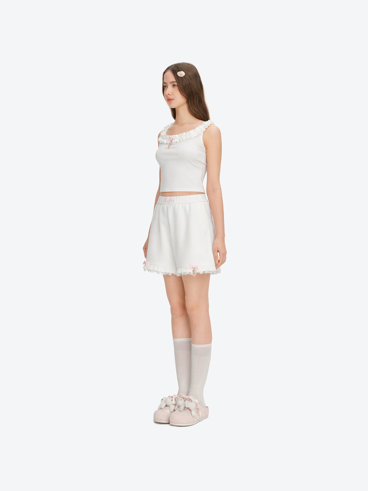 13DE MARZO Lace Trim Crop Sweatpants White