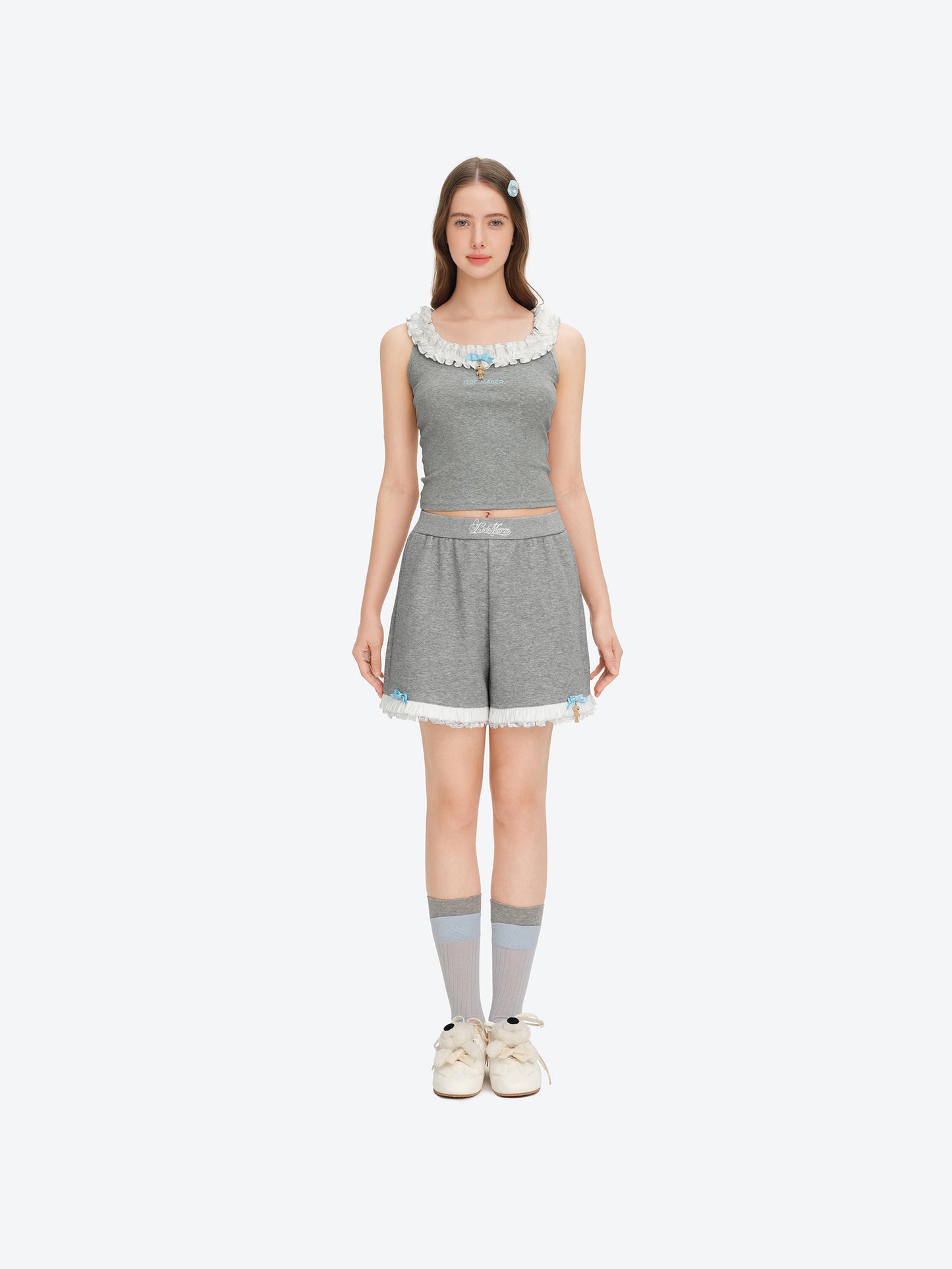 13DE MARZO Lace Trim Crop Sweatpants Grey
