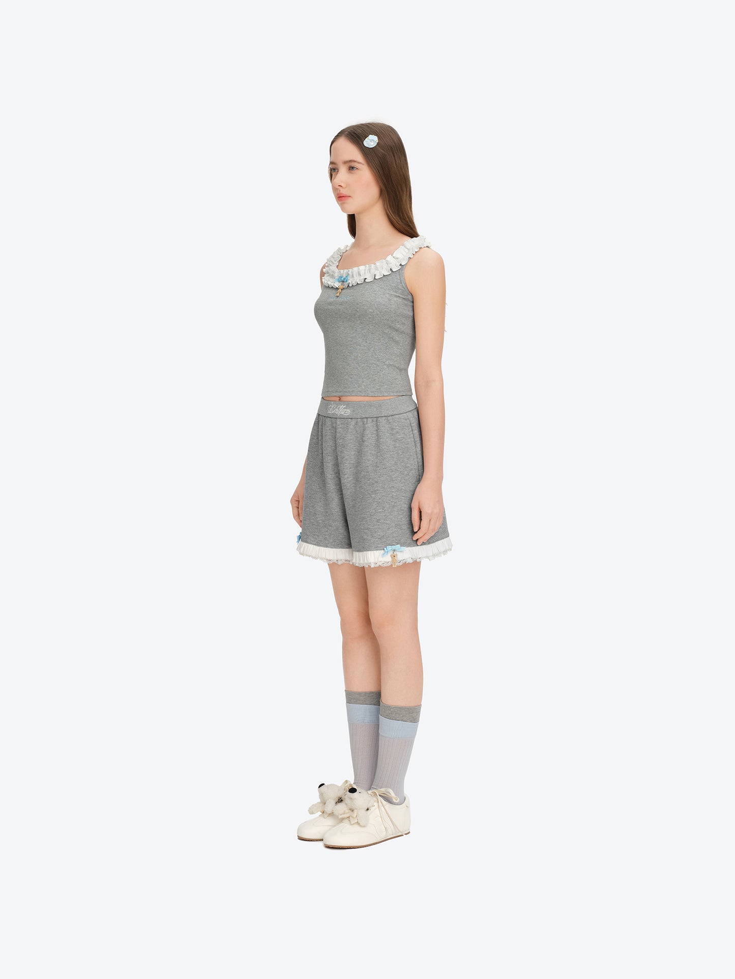 13DE MARZO Lace Trim Crop Sweatpants Grey