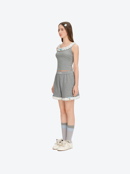 13DE MARZO Lace Trim Crop Sweatpants Grey