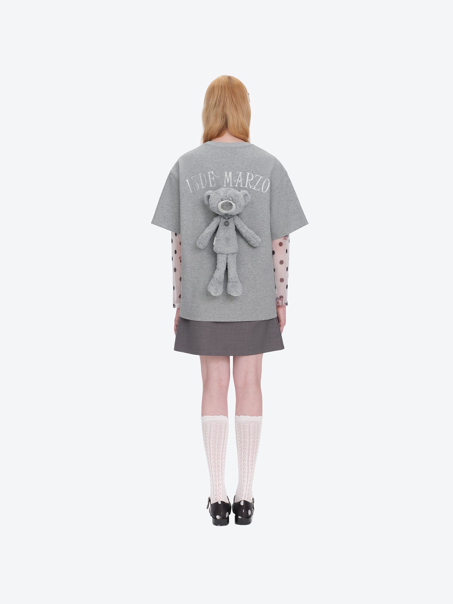 13DE MARZO Shimmer Logo Print Bear T-shirt Grey - 13DE MARZO