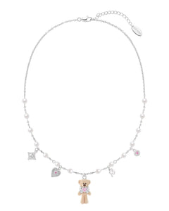13DE MARZO Bow Heart Flocked Bear Necklace