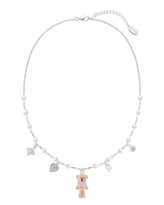 13DE MARZO Bow Heart Flocked Bear Necklace