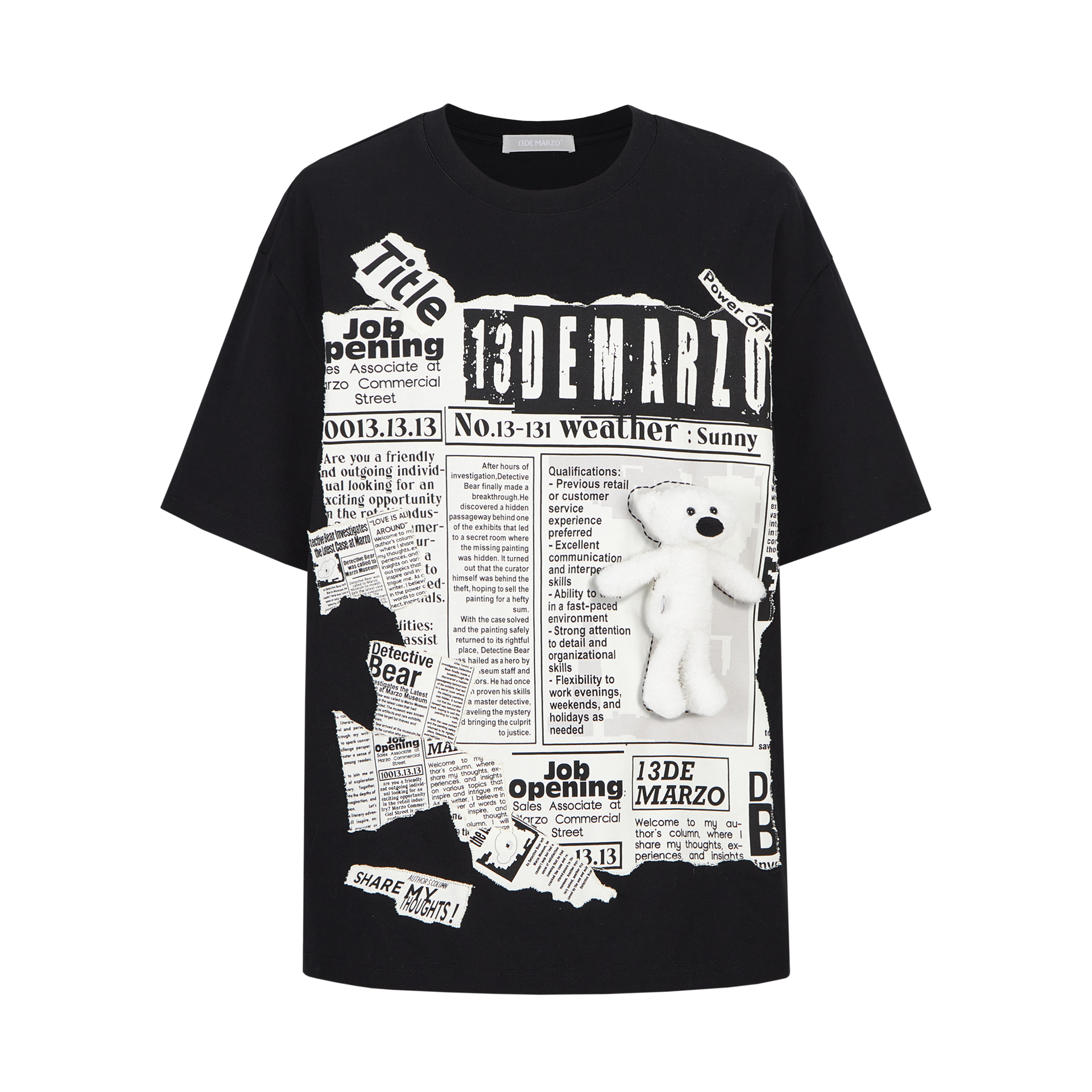 13DE MARZORetro Newspaper Print T-Shirt with Applique & Plush Bear