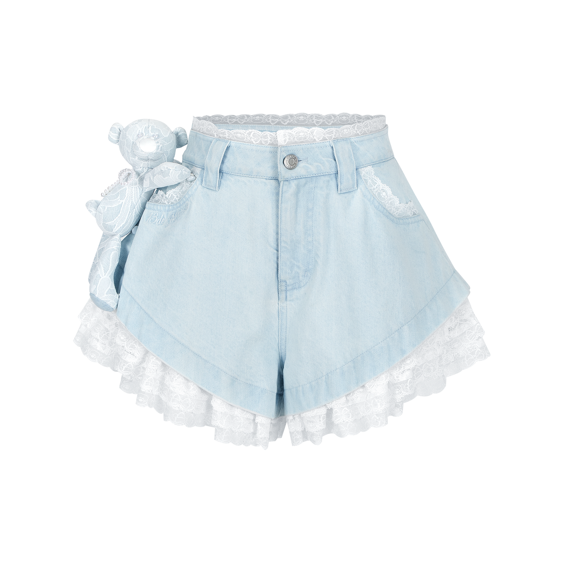 Bear Lacy Hot Shorts | Lace-Ruched Low-Rise Denim Shorts | 13DE MARZO