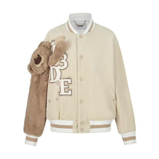 13DE MARZO Bear Sleeve Corduroy Baseball Jacket