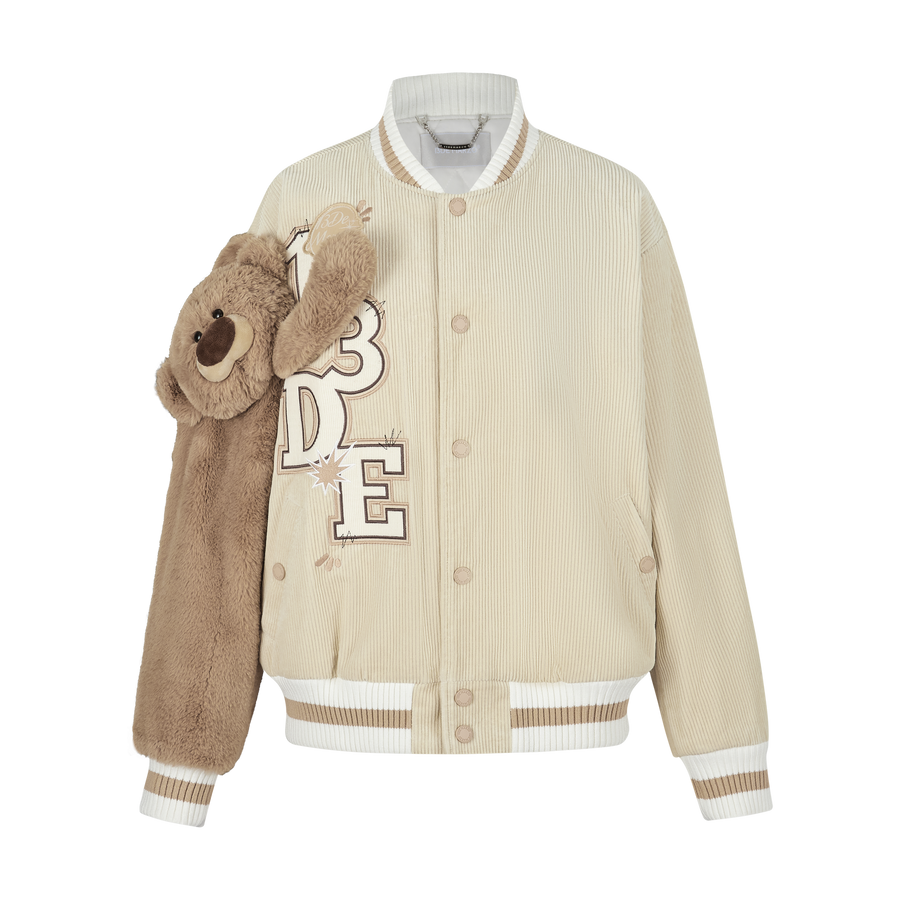 13DE MARZO Bear Sleeve Corduroy Baseball Jacket - 13DE MARZO