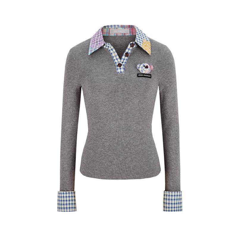 13DE MARZO Plaid Cuff Knit Polo Top - 13DE MARZO