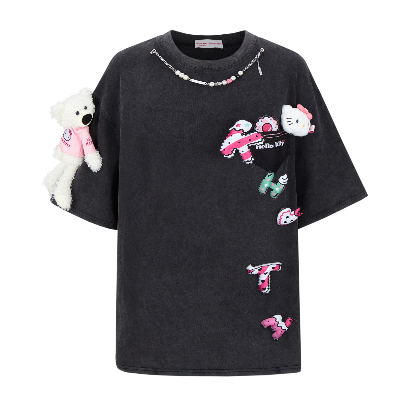 13DE MARZO Hello Kitty Cake Letter Washed T-shirt