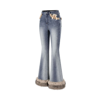 13DE MARZO Bear Vintage Fur Bell Bottom Jeans Blue - 13DE MARZO
