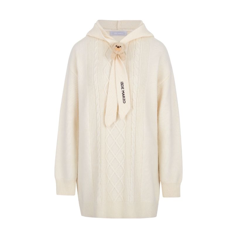 13DE MARZO Bear Knit Hoodie Dress Beige - 13DE MARZO