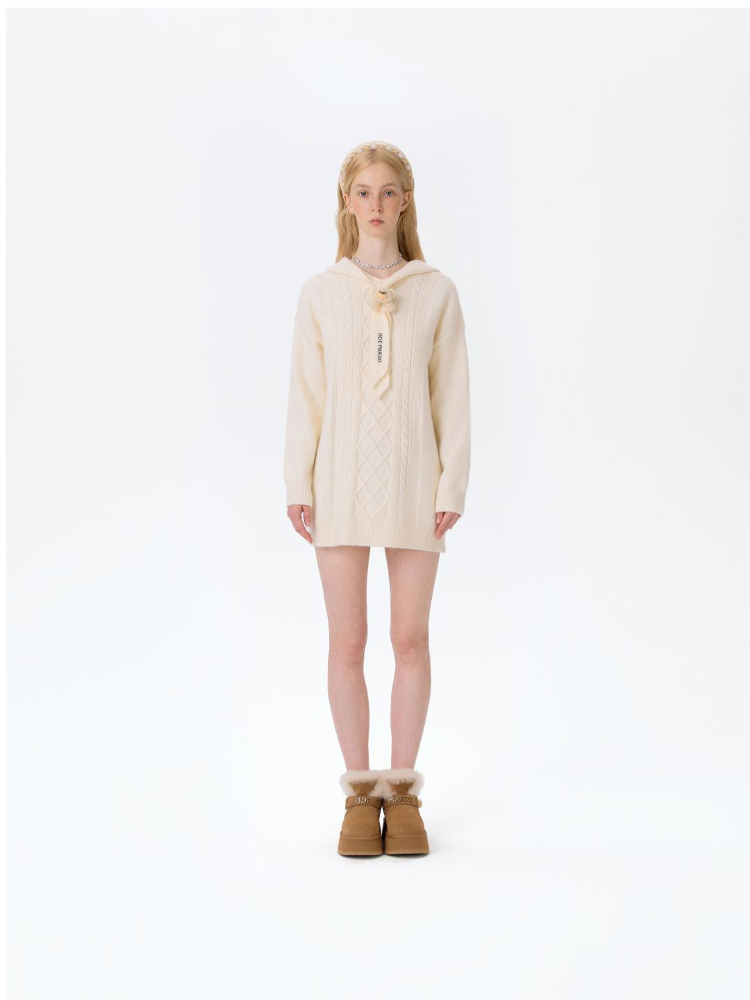 13DE MARZO Bear Knit Hoodie Dress Beige