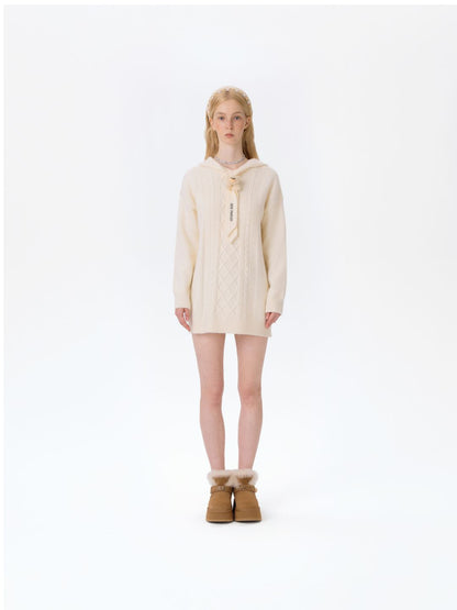 13DE MARZO Bear Knit Hoodie Dress Beige - 13DE MARZO
