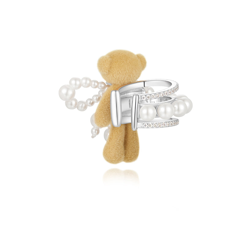 13DE MARZO Bear Pearl Bow Zircon Ear Clip - 13DE MARZO