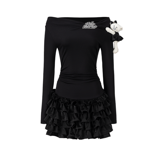 13DE MARZO Off-Shoulder Tiered Dress Black