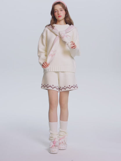 13DE MARZO Fair lsle Hooded Cape Pullover Sweater Pink