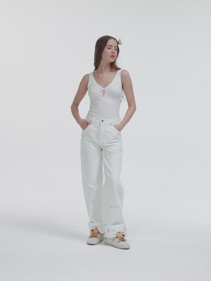 13DE MARZO Cuffed Wide-Leg Jeans Beige