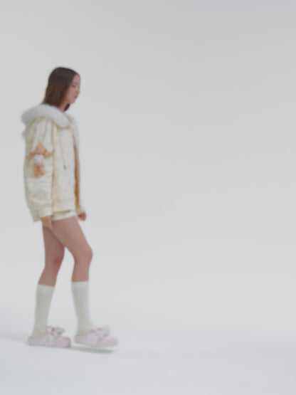 13DE MARZO Floral Print Hoodie with Fur Collar Grey