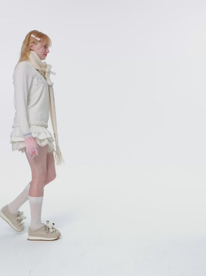 13DE MARZO Doozoo Bow Tassel Beaded Scarf Beige