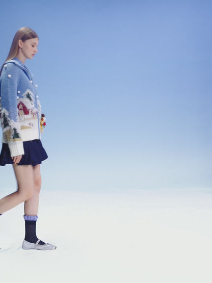 13DE MARZO Snow Bear Jacquard Zip Knit Coat Blue
