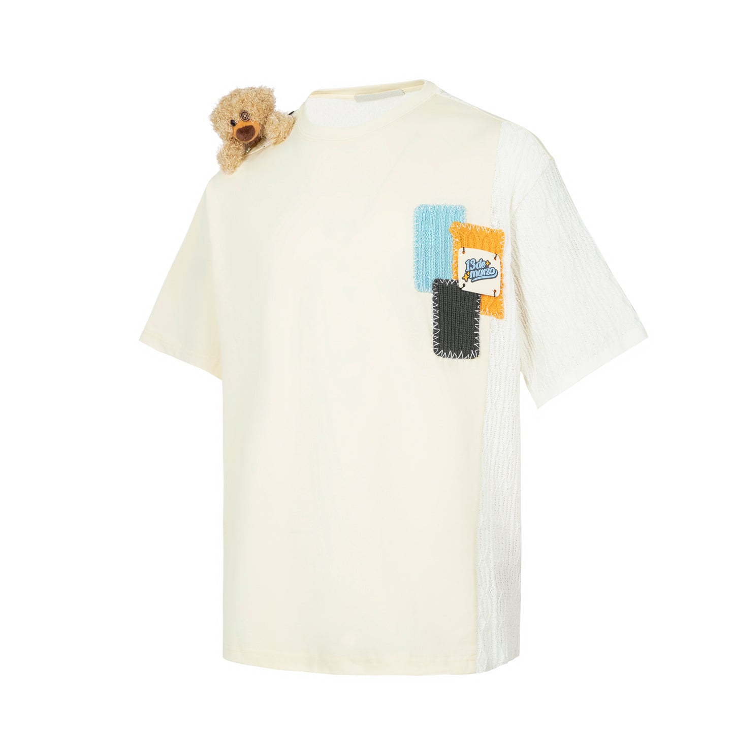 13DE MARZO Shoulder Bear Knit Patch T-shirt