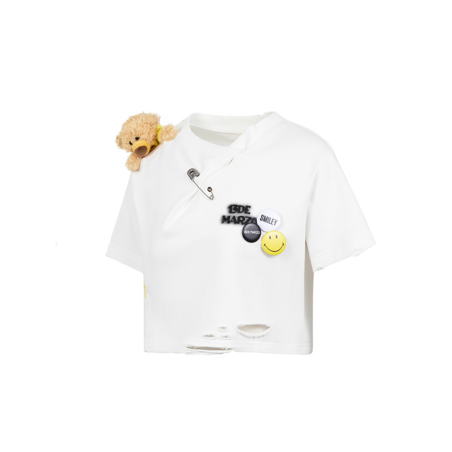 13DE MARZO Broken Pin Badge Bear Short T-shirt