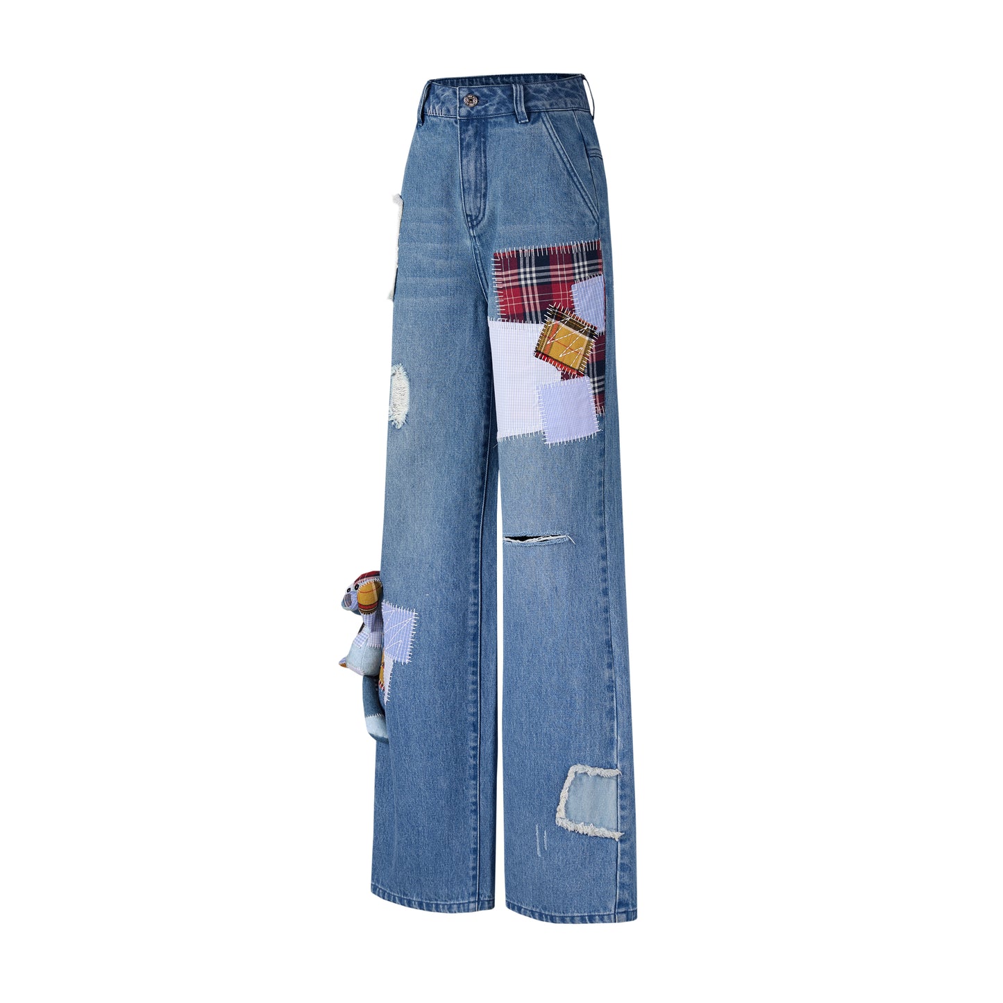 13DE MARZO Denim Bear Plaid Patch Jeans