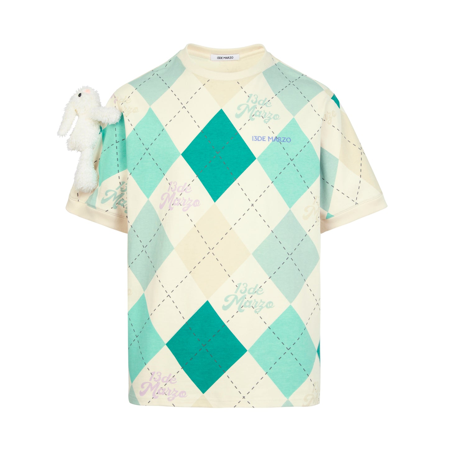 13DE MARZO Bunny Vintage Diamond Pattern T-shirt